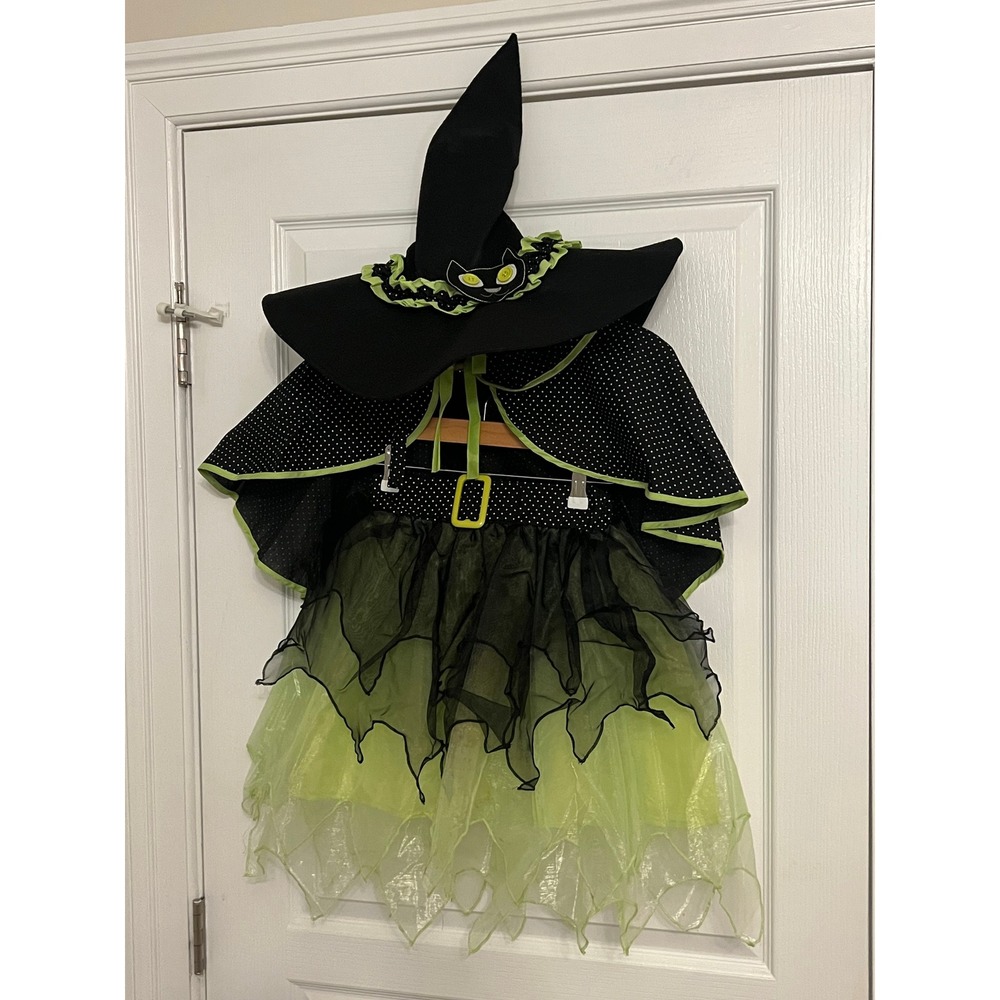 Pottery Barn Kids Witch Halloween Costume 4-6 Green Tulle Cat Hat Cape Skirt - Picture 2 of 9